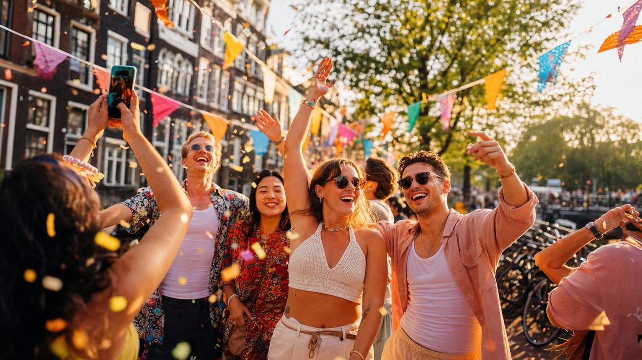 Jonge mensen vieren een zomerfeest aan een Amsterdamse gracht
